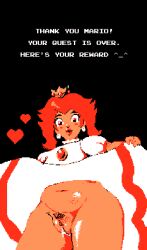 1girls animated baohda blush dialogue dress dress_lift hearts leaking_pussy mario_(series) no_panties pixel_animation pixel_art princess_peach princess_peach_sprite_redraw_(meme) princess_toadstool pubic_hair super_mario_bros._(nes) wet_pussy