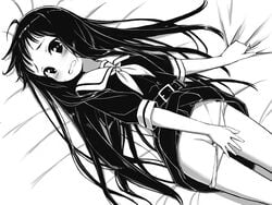 bed bed_sheet belt black_eyes black_hair black_serafuku blush buckle covering covering_crotch embarrassed female female kimagure_blue long_hair looking_at_viewer lying monochrome neckerchief on_back open_mouth original panties panty_pull pussy school_uniform serafuku sheet_grab shirt skirt skirt_lift solo uncensored