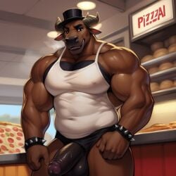 ai_generated anthro bane_(tnar) big_balls big_penis bovid bovine bracelets bull fazbear_fanverse five_nights_at_freddy's frosting.ai furry furry_male furry_only genitals indoors male_focus male_only muscles muscular muscular_male nude nude_male pizza public public_exposure public_nudity shirt sugar1989 those_nights_at_rachel's top_hat