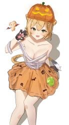 bandages bare_shoulders blonde_hair cleavage dooby3d gloves green_eyes indie_virtual_youtuber jerboa jerboa_humanoid jesh mascot pumpkin_hat shadow skirt tail virtual_youtuber white_background