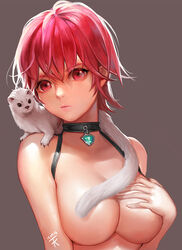 1girls animal artist_request character_request copyright_request ermine female female_only necklace nude red_eyes red_hair short_hair solo tagme