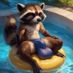 ai_generated big_balls big_bulge furry genitals male_only pool rocket_raccoon spread_legs underwear