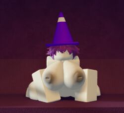 1girls 3d :3 cone_hat elienia_(goofy_lookin) facing_viewer female_only goofylookin grey_areola inverted_nipples large_breasts leaning_forward light-skinned_female looking_at_viewer on_couch purple_hair roblox self_upload sitting solo_focus thunder_thighs white_skin