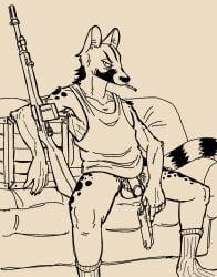 anthro balls bottomless bottomless_anthro bottomless_male chuff_(ganii) cigarette cigarette_in_mouth clothed clothing flaccid footwear fur furniture ganii genet genitals glans gun handgun hi_res holding_gun holding_handgun holding_object holding_pistol holding_ranged_weapon holding_weapon humanoid_genitalia humanoid_penis looking_at_viewer male mammal monochrome object_in_mouth on_sofa penis pistol pubes ranged_weapon rifle shirt sitting sitting_on_sofa socks sofa solo tail tank_top topwear viverrid weapon yellow_and_black