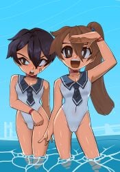 1boy 1boy1girl 1girls bare_shoulders blush brown_eyes brown_hair bulge bulge_through_clothing crossdressing crossdressing_male cute_male female femboy legs light-skinned_male light_skinned_female long_hair male male/female necklace oc original original_artwork original_character outdoors sea short_hair swimsuit thedansandoval water