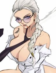 big_breasts breasts breasts cigarette clothed clothing foonie_xd glasses gokurakugai_sanbandori_no_ken no_bra no_panties older_female shades shirt shirt_only sister_tao smoke smoking strip stripping suit tie