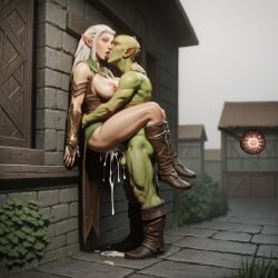 ahe_gao ai_generated arahan cum cum_inside cum_on_body cum_on_ground elf embrace exposed_breasts goblin green_eyes impregnation interspecies kissing large_breasts leaning_against_wall leg_lock leg_wrap long_hair monster ovum pony_diffusion_xl warhammer_(franchise) warhammer_fantasy white_hair wood_elf