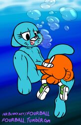 anthro ass balls blue_fur cartoon_network darwin_watterson feline female fish flat_chested fourball fur goldfish mammal marine mature_female mother nicole_watterson nude open_mouth parent sex the_amazing_world_of_gumball underwater water