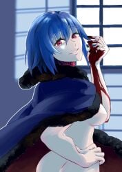 1girls ass asscheeks bangs barefoot black_cape black_nails blood blue_hair breasts cape cape_only ciel_(tsukihime) closed_mouth covering covering_breasts dark_persona elesia elesia_(tsukihime) evil evil_grin evil_smile eyebrows_visible_through_hair female female_only fingernails front_view full_body fur-trimmed_cape fur_trim glowing gluteal_fold gusoku9209 hand_on_breast highres looking_at_viewer medium_breasts medium_hair michael_roa_valdamjong nail_polish naked naked_cape navel nipples nude nude_cape painted_nails patterned patterned_clothing possessed possession red_cape red_eyes shadow sidelocks simple_background smile smiling smirk smirking solo standing stomach thigh_gap tsukihime tsukihime_(remake) type-moon vampire vampire_girl