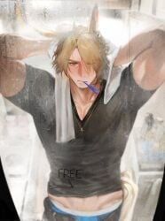 1boy animal_ears arknights arms_up bara black_pants black_shirt blue_male_underwear blue_underwear collarbone cowboy_shot gay groin highres horse_boy horse_ears jewelry male_focus male_underwear midriff_peek mlynar_(arknights) muscular_male necklace one_eye_closed open_pants pants parted_bangs parted_hair shirt solo steam toothbrush toothbrush_in_mouth towel underwear uyouu19 v-neck yaoi yellow_eyes