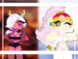 2girls brawl_stars colette_(brawl_stars) green_eyes janet_(brawl_stars) light_skin multikitty pink_hair purple_eyes red_body trixie_colette_(brawl_stars) valkyrie_janet white_hair