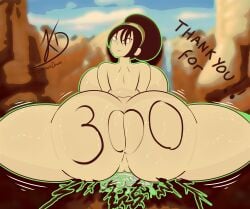 avatar_the_last_airbender back_view background big_ass black_hair eye_contact gray_eyes hair_bun krackdraw precum short_hair splits sweat tattoo thick_thighs tiara toph_bei_fong vagina writing_on_body