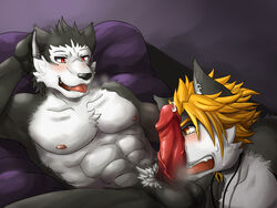 abs balls blush breath canine cum fur grey_fur humanoid_penis ikuto_waoni jewelry male_only mammal necklace nipples penis piercing pubes sarasa_arujine sweat tongue tongue_out utau white_fur wolf