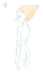 ass blush blushing_at_viewer completely_nude dark_star_odyssey female female_only gem_(species) hand_on_arm light_blue_eyes looking_at_viewer looking_back nude orange_hair pearl_(steven_universe) simple_background simple_shading sketch solo solo_female steven_universe watermark white_background white_skin