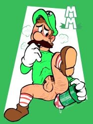 1boy anus balls ballsack blush bottomless brown_hair clothing dildo erection facial_hair gay genitals gloves green_hat green_shirt human luigi male male_only mario_(series) moustache nintendo no_pants penis penis_under_shirt pubic_hair shoes smile socks solo solo_male torquewintress