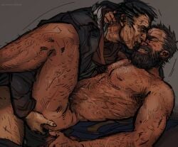 2boys abs anal anal_sex anal_sex bara beard blush body_hair brown_hair cel_shading closed_eyes clothed clothed/nude clothed_male crusader_(darkest_dungeon) cum darkest_dungeon feet_out_of_frame full_beard grey_streaks highwayman_(darkest_dungeon) jacket male male/male male_only male_penetrated male_penetrating male_penetrating_male man_boobs man_tits manboobs movement_lines muscular neckerchief no_visible_genitalia nude nude_male old_art older_male open_mouth pants_down scars sweat tabard tanned tanned_male tanned_skin thrillwashere white_streak