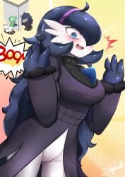 blue_eyes blue_hair embarrassing fusion gardevoir generation_3_pokemon hex_maniac human human_female humanoid light-skinned_female light_skin nintendo not_furry npc_trainer pokemon pokemon_(species) pokemon_xy purple_hair