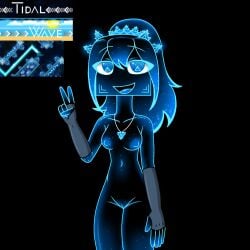 alone black_background blue_eyes blue_nipples blue_tongue geometry_dash gloves naked naked_female smile tidal_wave tidal_wave_(geometry_dash) unusual_skin_color