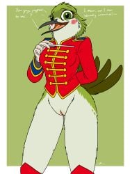 absurd_res anthro apodiform aroused avian bird blush bodily_fluids boots bottomless bottomless_anthro bottomless_female clothed clothing conducting_baton conductor female fish_birb footwear formal_wear genital_fluids genitals gloves handwear hi_res hummingbird marching_band marching_band_uniform praise_kink pussy sarah_(fish_birb) shoes solo uniform vaginal_fluids