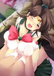 1boy bed_sheet bishoujo_senshi_sailor_moon breast_grab breasts brown_hair cameltoe cfnm cleavage clothed_sex clothing covered_nipples cowgirl_position cum cum_in_pussy erect_nipples erect_nipples_under_clothes female futon girl_on_top gloves green_eyes groping groping_through_clothes hair_bobbles hair_ornament head_back high_heels highres human katori_(mocchidou) large_breasts leotard long_hair magical_girl makoto_kino male nipple_bulge nipple_tweak nipples nipples_visible_through_clothing nude open_mouth orgasm pokies ponytail rape sailor_jupiter screaming see-through sex shoes skirt skirt_removed straight tiara tied_hair wet wet_clothes wince