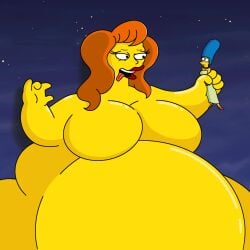 2girls belly big_belly big_breasts blob breasts deviantart fat fat_belly fat_woman female giant larger_female lipstick marge_simpson mindy_simmons nude nude_female obese obese_female open_mouth orange_hair overweight overweight_female red_lipstick size_difference smaller_female the_simpsons tongue tongue_out vore yellow_skin