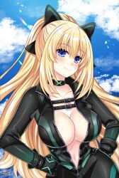 blonde_hair blue_eyes bodysuit boob_window hand_on_hip huge_breasts long_hair looking_at_viewer neptunia_(series) ponytail skin_tight unzipped_bodysuit vert