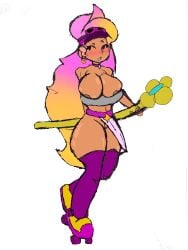 amber_(brawl_stars) big_breasts big_thighs blank_background blush blush_lines blush_on_face brawl_stars breasts_almost_out bubble_trouble_amber_(brawl_stars) colored_hair dark-skinned_female dressed_undressed female half_naked half_nude human long_hair looking_at_viewer naked_female oiled_skin pink_hair posing posing_for_the_viewer posing_naked posing_nude shiny_skin tall_female tall_socks tied_hair white_background yellow_hair