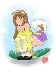 animal_humanoid ass blush breasts brown_eyes brown_hair canine canine cleavage clothed clothing dog_humanoid female hair humanoid long_hair mammal mrbowater outside panties peeing pussy skirt skirt_lift solo underwear undressing urine