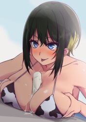 163_(shiromeshi) akashi_maho blush boobjob d4dj dripping huge_breasts popsicle saliva swimsuit tongue_out