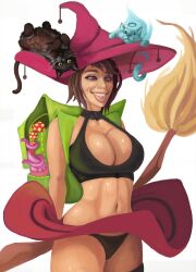 1girls anal_beads belly belly_button big_breasts bra breasts choker clothed feline female female_only human moltenseal_(artist) no_visible_genitalia panties piercing purple_eyes short_hair solo tentacle tongue tongue_out upskirt wide_hips witch witch_hat