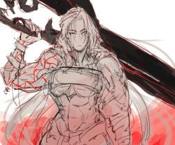 abs biceps clothed clothing female_only giant_sword larger_female muscular muscular_female ninety-nine_(path_to_nowhere) path_to_nowhere red_eyes scar scars scars_all_over taller_female white_hair windbloomnsfw