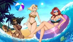 1boy 1boy3girls 3girls 3girls1boy anyaz beach beach_ball bikini black_hair blonde_hair cleavage flower_in_hair huge_breasts hyena hyena_boy leopard_print leopard_print_bikini long_hair mobian_(species) original original_characters red_hair seaside sonic_(series) sunglasses_on_head swimsuit