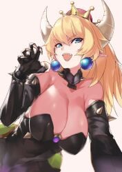 1girls big_breasts black_leotard blonde_hair bowsette bracelet breasts choker cleavage collar crown female horns looking_at_viewer mario_(series) nintendo ohland pink_background ponytail purple_eyes