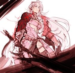 abs biceps clothed clothing female_only giant_sword larger_female muscular muscular_female ninety-nine_(path_to_nowhere) path_to_nowhere red_eyes scar scars scars_all_over taller_female white_hair windbloomnsfw