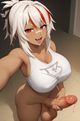 1futa ahe_gao ai_generated bandaid big_balls big_breasts big_penis blonde_hair brown_skin dark_skinned_female erect_penis erection futa_only futa_sans_pussy futanari highlights_(coloring) huge_cock masturbating masturbation original original_character precum red_eyes selfie tank_top tanned_skin