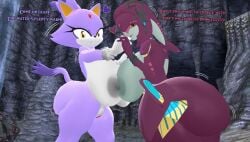 2girls 3d blaze_the_cat breast_press breath_of_the_wild crossover dialogue dra111_(artist) dragon316 hugging hyper hyper_ass hyper_breasts looking_at_viewer mipha sonic_(series) the_legend_of_zelda wobble yuri zora