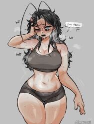 bare_shoulders black_hair exhausted fangs gray_eyes holding_head large_breasts marblechii midriff panting roach_girl shorts speech_bubble sports_bra sweating tanline text thick_thighs wide_hips