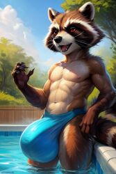 ai_generated big_balls big_bulge furry genitals male_only pool rocket_raccoon