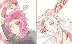 black_sclera cuddling doodle hair_pull hair_pulling heartsteel_kayn heartsteel_series heartsteel_yone hot_pink_hair kayn league_of_legends long_hair male_on_male males_only no_genitals pink_hair soft_color submissive_male suggestive sweating termi two_tone_hair white_hair yaoi yone