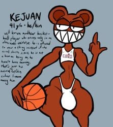 1boy anthro band_mascot basketball basketball_(ball) basketball_uniform bear big_thighs bulge fan_character femboy feminine feminine_male flipping_off hyper hyper_bulge kejuan_(thatdawgmurray) male male_only modified_bear music_(culture) music_mascot navel original original_character radiohead_(band) radiohead_bear sharp_teeth tagme text thatdawgmurray thighs thong