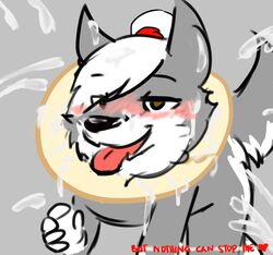 canine canisfidelis cum cumshot dialogue excessive_cum male mammal okami_wolf orgasm protactive_collar smile tongue tongue_out wolf