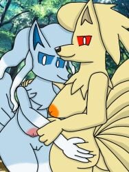 3:4 alolan_form alolan_ninetales anthro big_breasts breasts duo female female/female generation_1_pokemon generation_7_pokemon looking_at_viewer ninetales nintendo nude pokemon pokemon_(species) regional_form_(pokemon) thewholof554