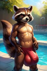 ai_generated big_balls big_bulge furry genitals male_only pool rocket_raccoon