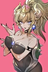 1girls big_breasts black_leotard blonde_hair bowsette bracelet breasts choker cleavage collar crown female horns looking_at_viewer mario_(series) maruchi nintendo pink_background ponytail purple_eyes