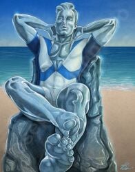 1boy arms_behind_head artist_signature beach bobby_drake feet gay gay_male ice ice_man jgiampietro legs_crossed male_feet marvel marvel_comics pinup swimsuit x-men