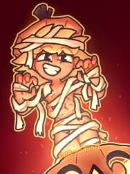 aboredsnek abs blonde_hair bush glowing halloween mummy mummy_wrappings plants_vs_zombies plants_vs_zombies:_heroes pumpkin pumpkin_(pvz) short_hair smiling_at_viewer solar_flare_(peargor) solar_flare_(pvz) tan_body