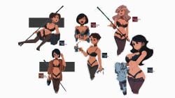 6girls big_breasts black_hair bra brown_hair clothing glasses grey_hair holding_object holding_weapon light-skinned_female lingerie lingerie_only long_hair mature_female multiple_girls necklace original original_artwork original_character pant panties short_hair simple_background tan_body tan_skin thedansandoval