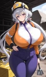 ahoge big_breasts breasts construction_worker hair huge_breasts long_hair long_pants long_sleeves low_twintails outfit purple_eyes silver_hair symphogear thick_thighs twintails uniform wide_hips