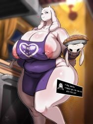 absurd_res anthro appliance apron apron_only belly big_breasts bodily_fluids boss_monster_(undertale) bovid breasts caprine clothing dialogue female floppy_ears food goat handwear hi_res horn huge_breasts huge_thighs hyper hyper_breasts kitchen kitchen_appliance lactating long_ears mammal mature_female mekaatomic milk nipple_slip oven oven_mitts overweight overweight_anthro overweight_female pastry pie solo standing text text_box thick_thighs toriel toriel_oven_mitt undertale_(series) voluptuous_anthro voluptuous_female wide_hips