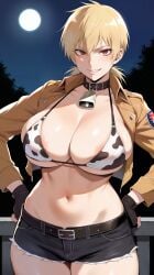 1girl 1girls ai_generated belt blonde_hair cow_print cropped_jacket hellsing hjqjjwbeb huge_thighs large_breasts moon moonlight navel red_eyes seras_victoria short_hair shorts smirk smirking smirking_at_viewer solo solo_female solo_focus vampire